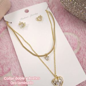 Collar Doble Cadena Corazon Y Aretes